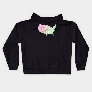 Colorful mandala art map of the United States of America in pink and green on white background Kids Hoodie